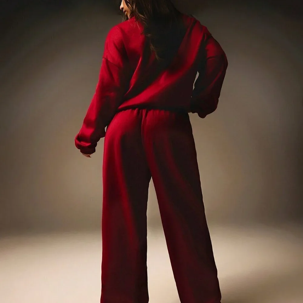 Burgundy Casual Women's Crew Neck Long Sleeve Top & Drawstring Pants Sports Set - Picture 6 of 7